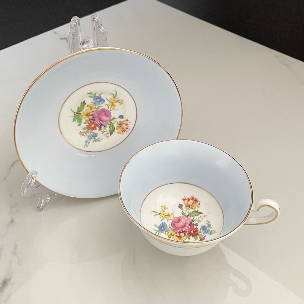 Powder Blue Floral Cup & Saucer - Rosina English Bone China